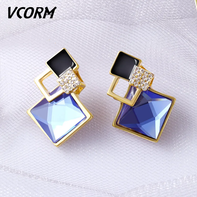 Gold Blue VCORM новые корейские модные длинные висячие серьги с кристаллами для женщин массивные классические геометрические висячие серьги хорошее ювелирное изделие подарок - Окраска металла: Gold Blue
