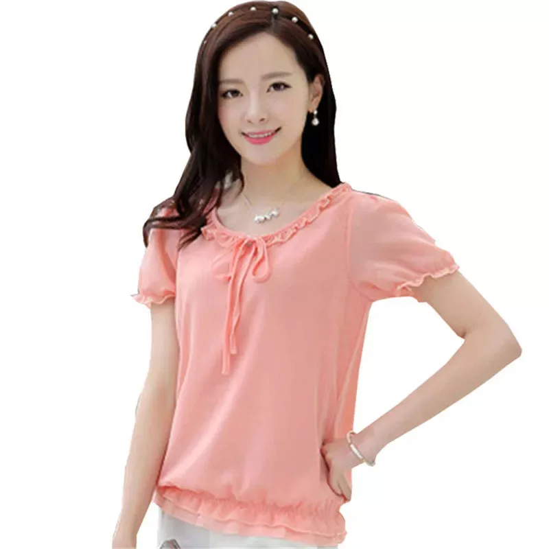 

Pink Red Blue Summer Blouses Women Shirts Elegant Short Sleeve Chiffon Blouse Casual Lady Tops Shirt Plus Size 4XL DF2399