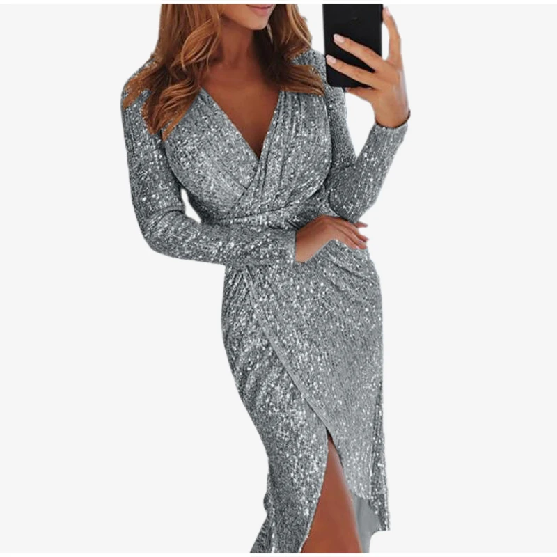 Sequin Sexy Глубокий V образным вырезом для женщин миди платья для разделение с длинным рукавом повседневное тонкий необычное платье для вечеринки для женщин весн