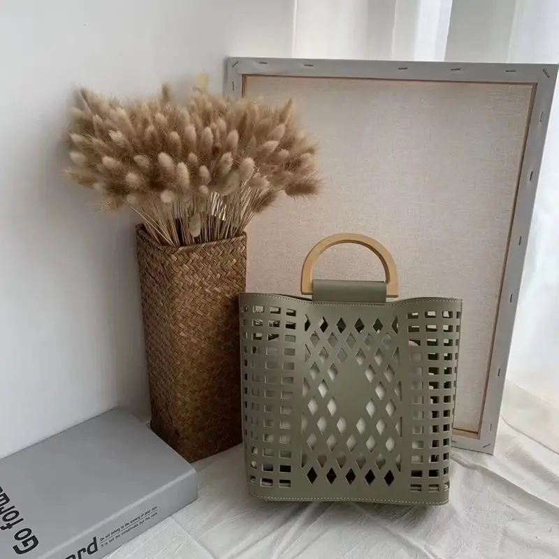 Women Bags Handbags 2019 Famous Brands Hollow Out Beach Bag Bolsa Feminina Wood handle tote bags PU leather shoulder bag S1890 | Багаж и