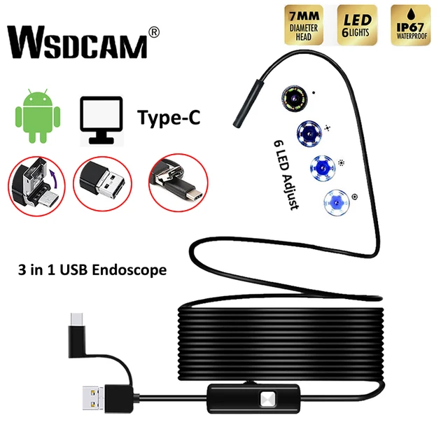 Wsdcam Endoscope Camera 7MM USB Mini Camcorders IP67 Waterproof 6LED Borescope Inspection Camera For Windows Macbook PC Android 1