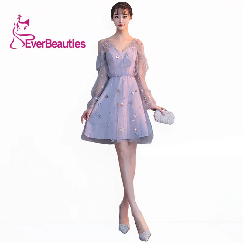 

Cocktail Dresses 2020 Long Sleeves Star Tulle Formal Banquet Evening Gown Elegant Prom Dresses vestido de noiva