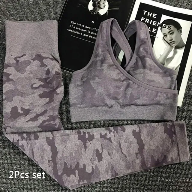 Purple 2 Pcs Set Комплект из 2 предметов с камуфляжным принтом Йога Комплект Для женщин бесшовный спортивный бюстгальтер для фитнеса йога бюстгальтер+ Высокая Талия тренажерный зал камуфляжной расцветки, легинсы, штаны для фитнеса костюмы тренировки - Цвет: Purple 2 Pcs Set