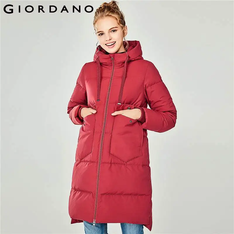 Giordano женский пуховик с длинным подолом и съемным капюшоном, Из натурального утиного пуха