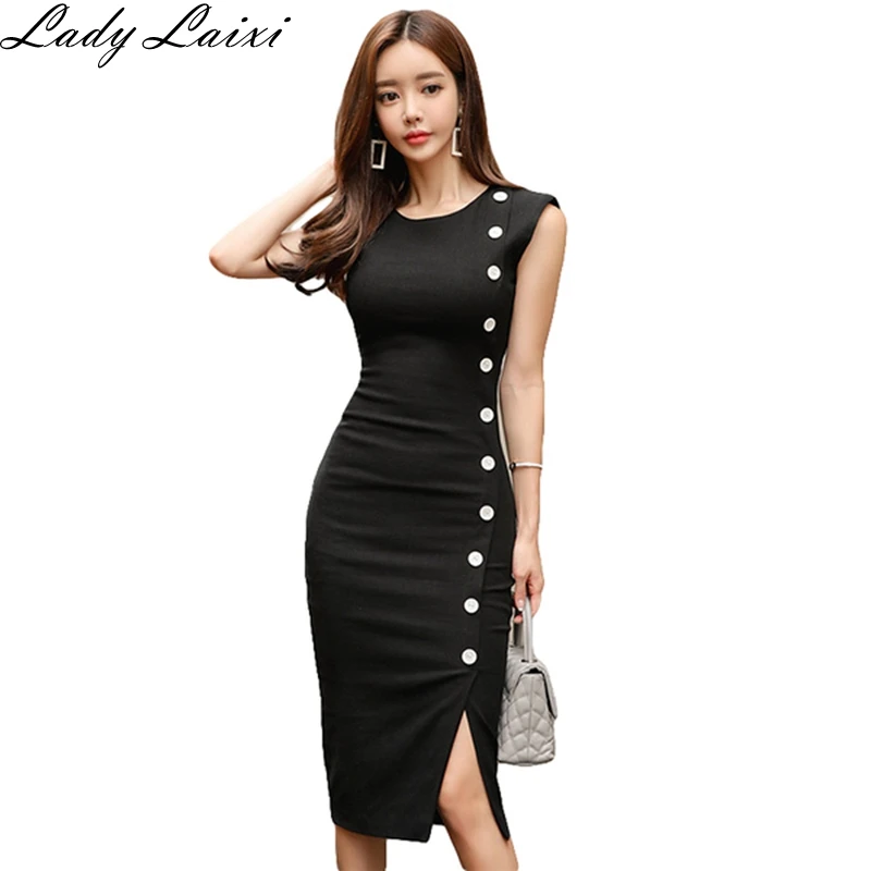 2019 Summer Long Midi Party Dress Women Black Single-breasted Buttons Slim Pencil Bodycon Formal pencil | Женская одежда