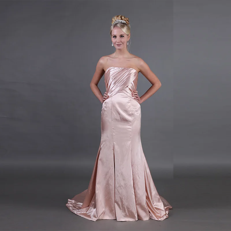 Elegant Mermaid Satin Evening Dresses Pleats Nude Women Formal Party Sweep Train 2019 Special Occasion Gowns | Свадьбы и торжества