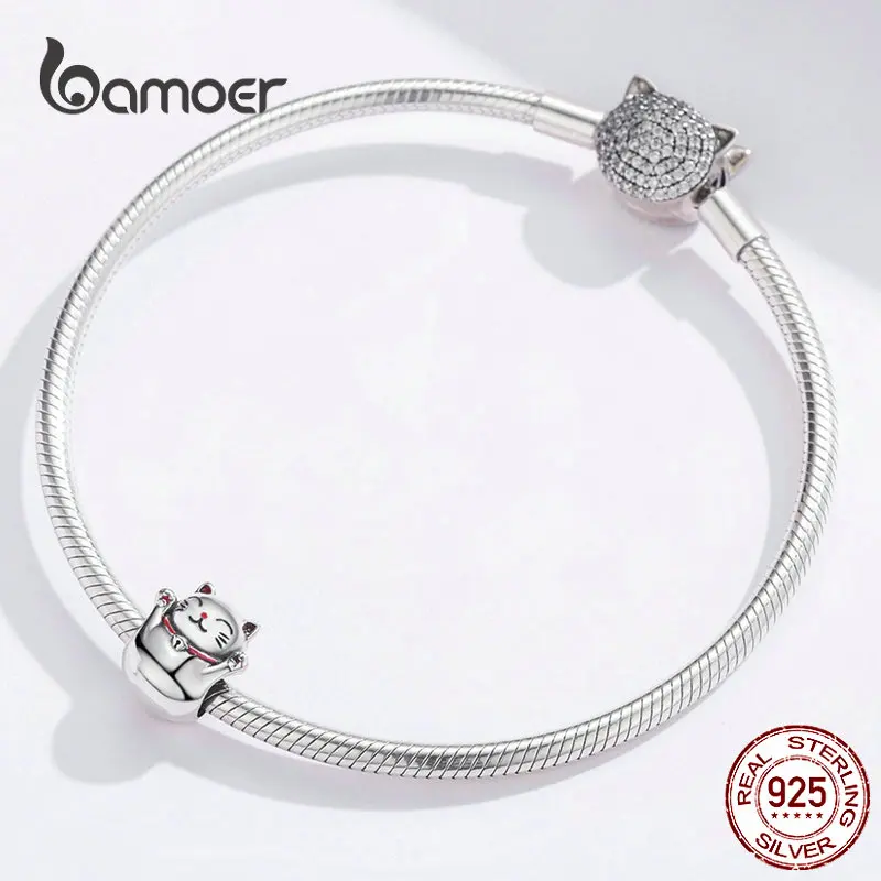 BAMOER 925 Серебряный Кот металлический Шарм счастливый Хранитель Манеки Неко металлические бусины для женщин очаровательные браслеты DIY Ювелирные изделия SCC1178