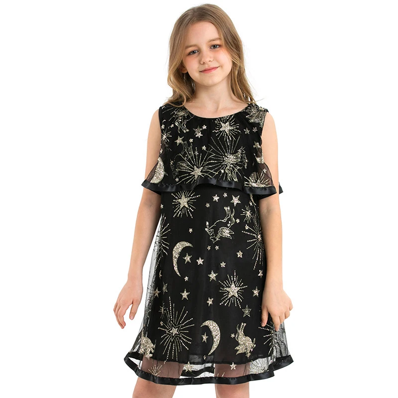 2019 New Girls Dress Summer Voile Teens Costume Black Sequined Star Moon Teenage Princess Outfits for 10 11 12 14 Years | Детская одежда