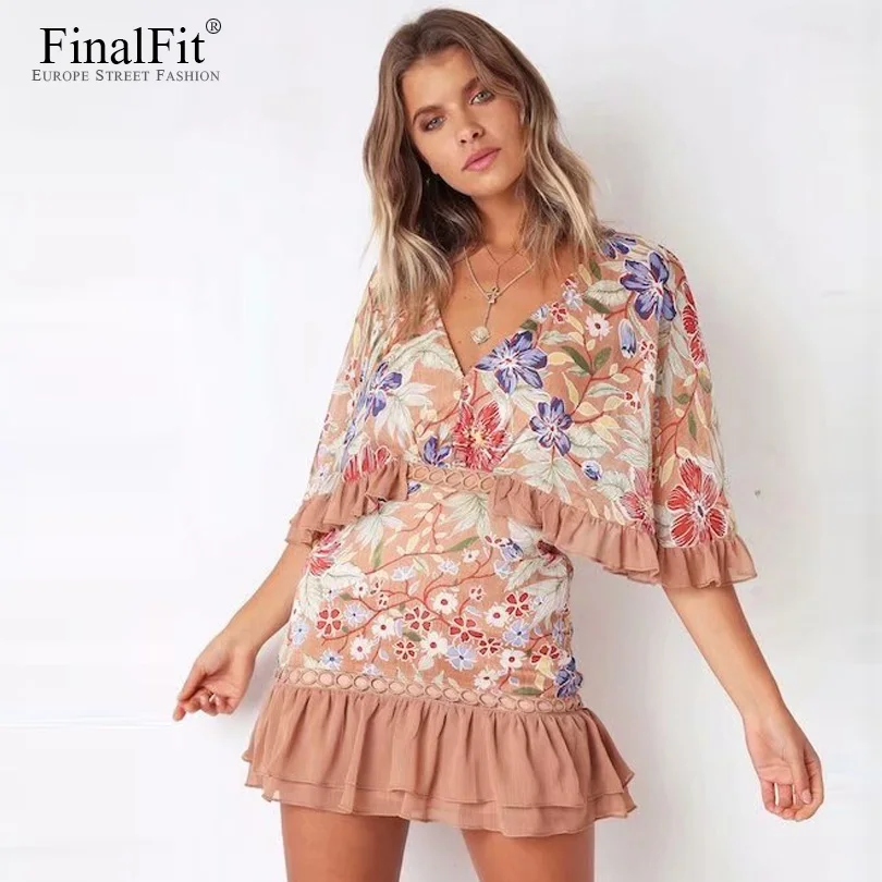 Оборками летнее платье Цветочный принт выдалбливают крючком Flounce Dress Для
