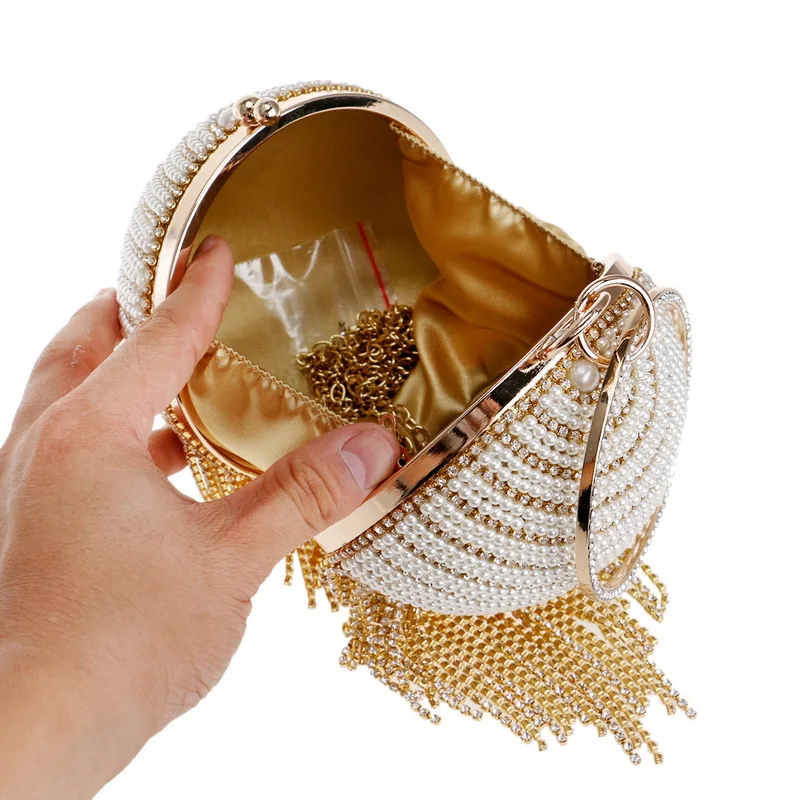 Модная вечерняя сумочка с кисточками и стразами Круглая Металлическая рукоятка