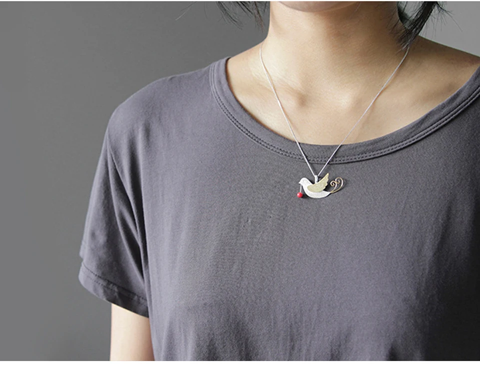 Lotus Fun реальные 925 пробы серебро ручной работы Fine Jewelry Творческий полет птиц с фруктами кулон без Цепочки и ожерелья для Для женщин