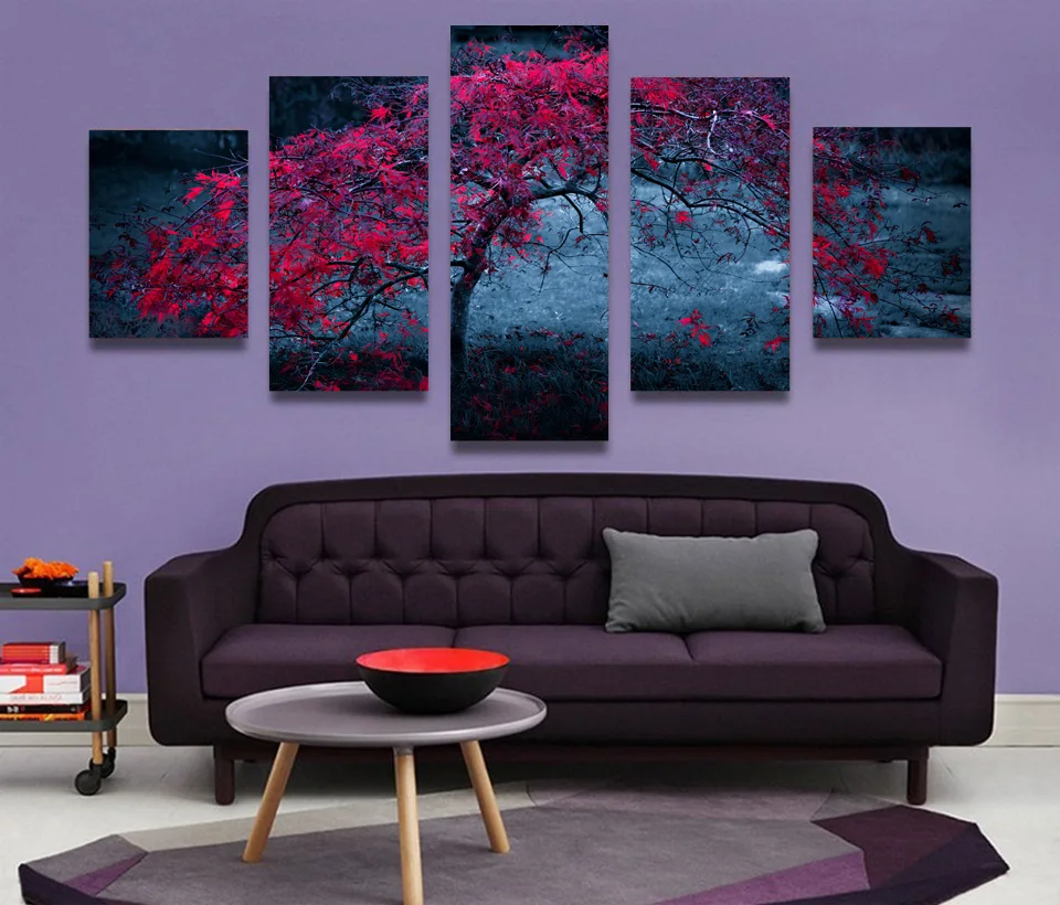 

5 Pieces unframed red tree in the night beautiful scenery Canvas Picture wall Art HD Print Painting for living room home decor