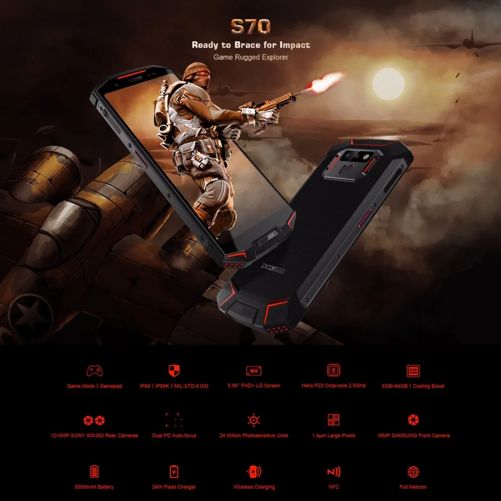 DOOGEE S70 IP68 IP69K Водонепроницаемый 4G смартфон 5 99 дюймов MT6763 Восьмиядерный 6 ГБ + 64 Гб 16