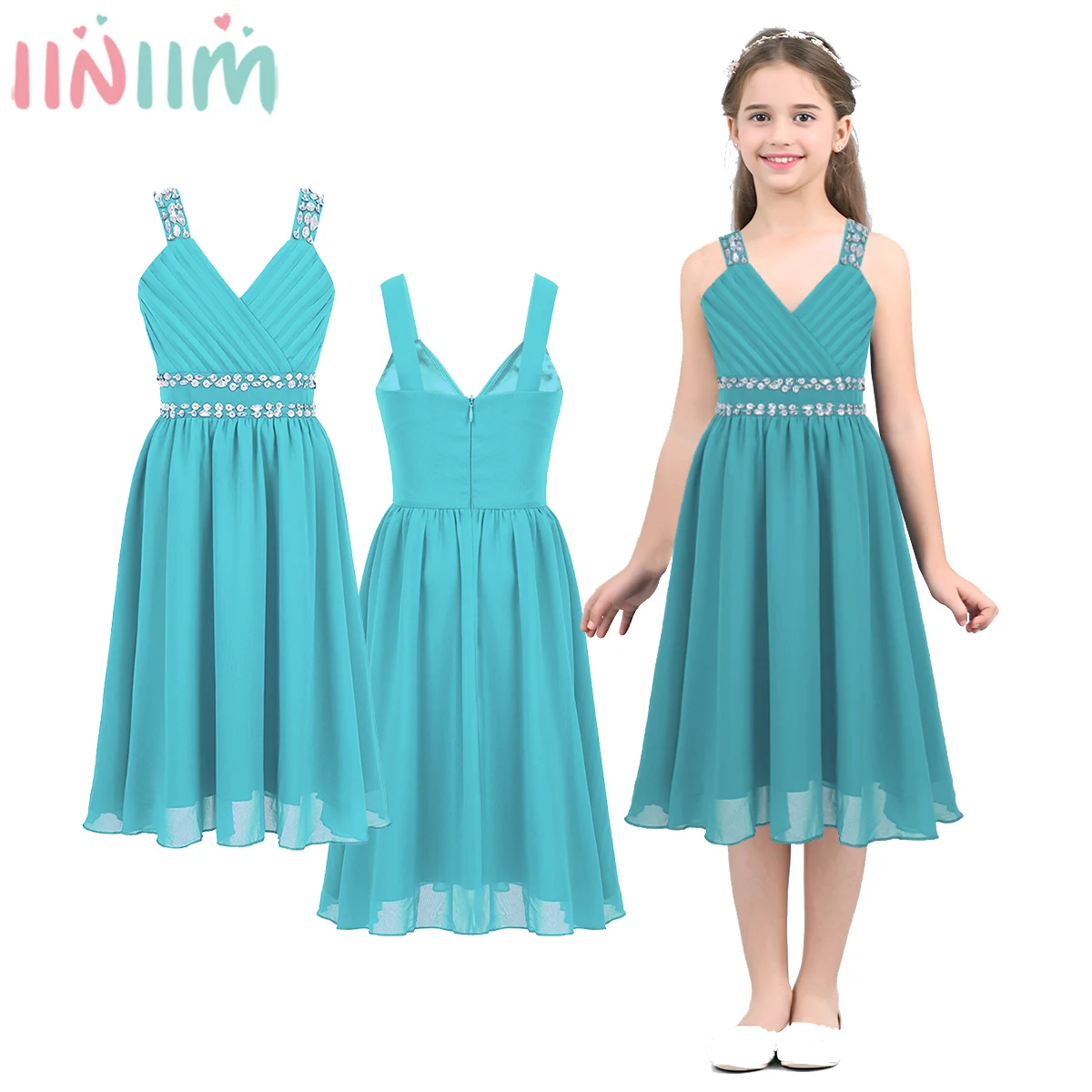 Детское блестящее шифоновое платье iiniim на бретельках со стразами