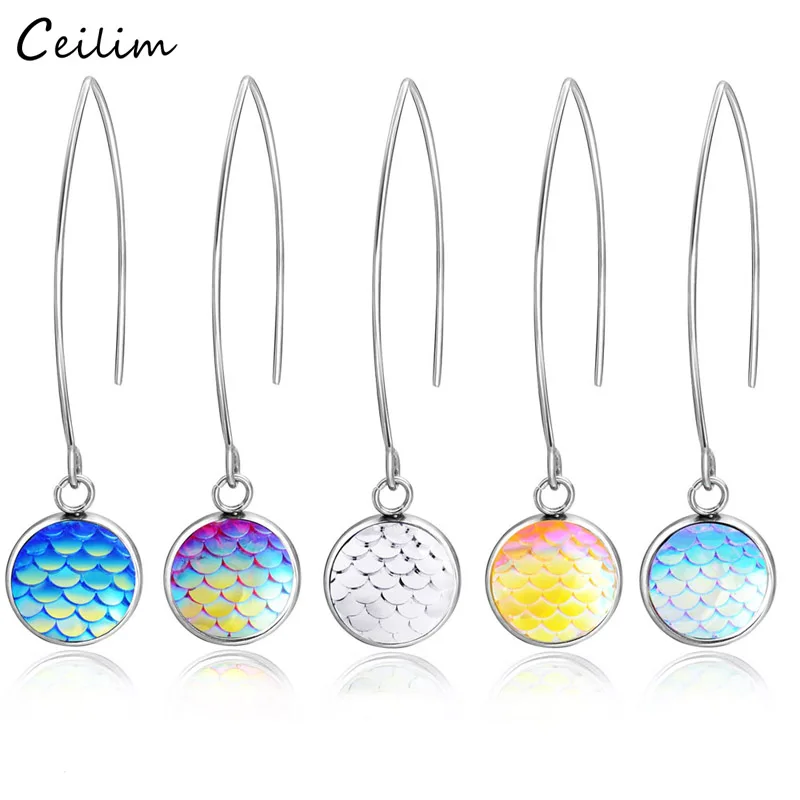 Модные серебряные серьги подвески в виде рыбьей чешуи женские многоцветные