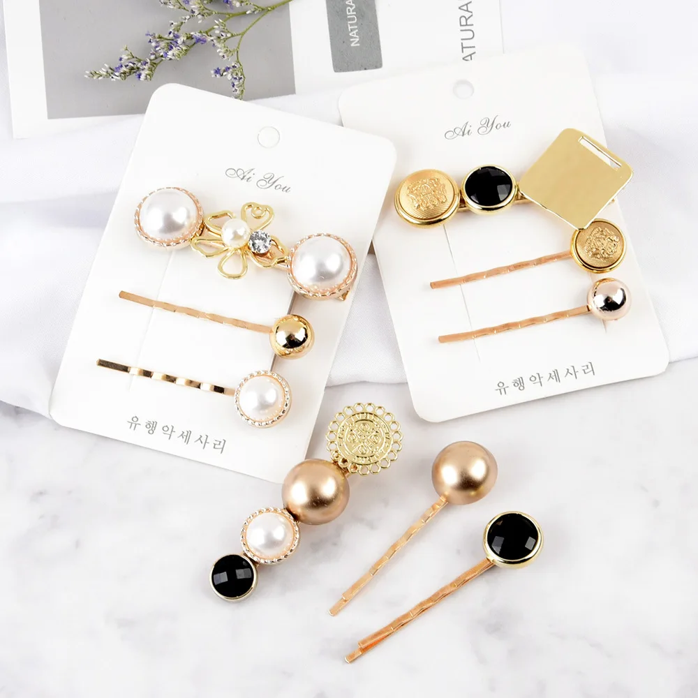 3шт./набор модных заколок с жемчугом для женщин и девочек геометрической формы из металла, корейские золотые шпильки для волос, баретки, аксессуары для красоты.