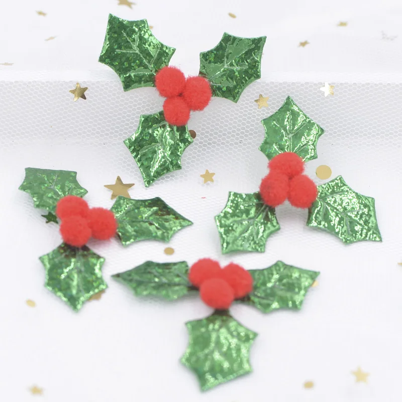 30Pcs Glitter Green Holly Leaf and 3D Red Berry Appliques Patches for Christmas Decor, Table Ornament, Stickers Accessories F77