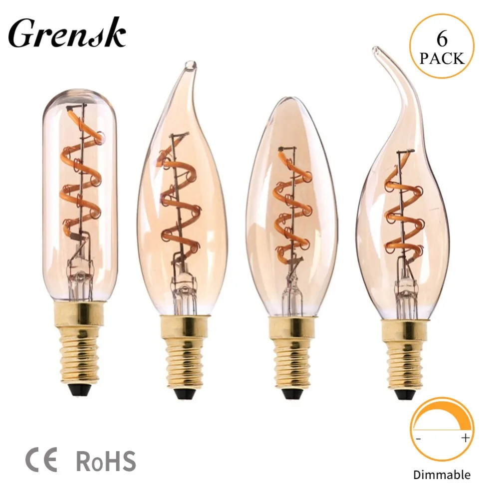 

Grensk E14 LED Dimmable Retro Candle Light Filament Spiral Bulb E12 LED Bulb Edison 110V 220V 3W Glass Vintage Lamp T25 C35 C32T