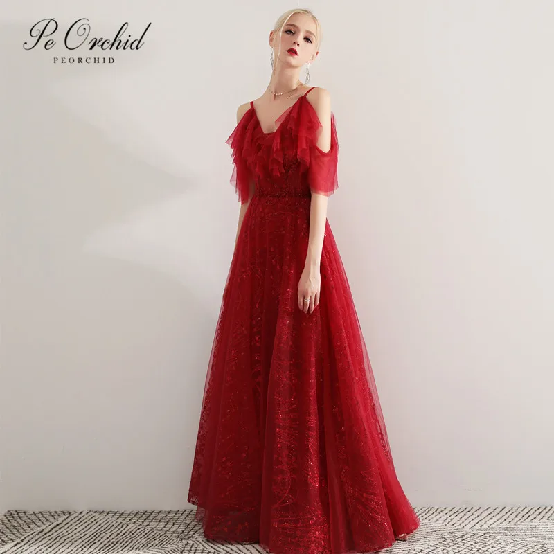 PEORCHID винно-красное элегантное платье для выпускного вечера женщин тонкие лямки
