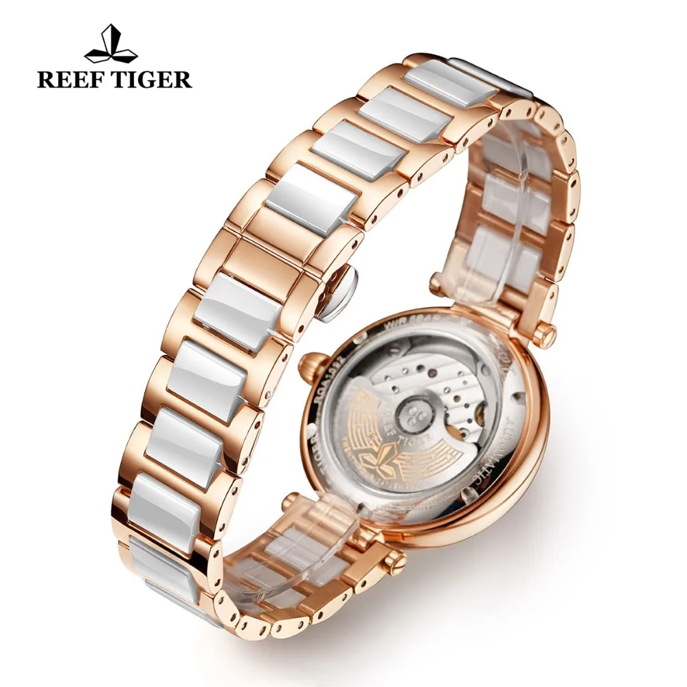 Reef Tiger/RT Роскошные модные автоматические часы для женщин, розовое золото, бриллиантовый синий циферблат, женские часы-браслет Love Galaxy RGA1592