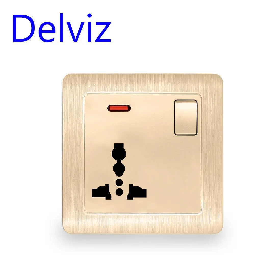 

Delviz 3-hole universal socket eu universal power socket with switch control indicator UK standard golden 13A wall socket panel