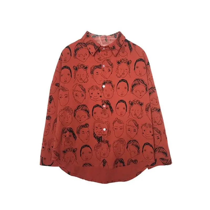 Black and white print Single-breasted new cartoon long-sleeved woman on top Spring blouse |