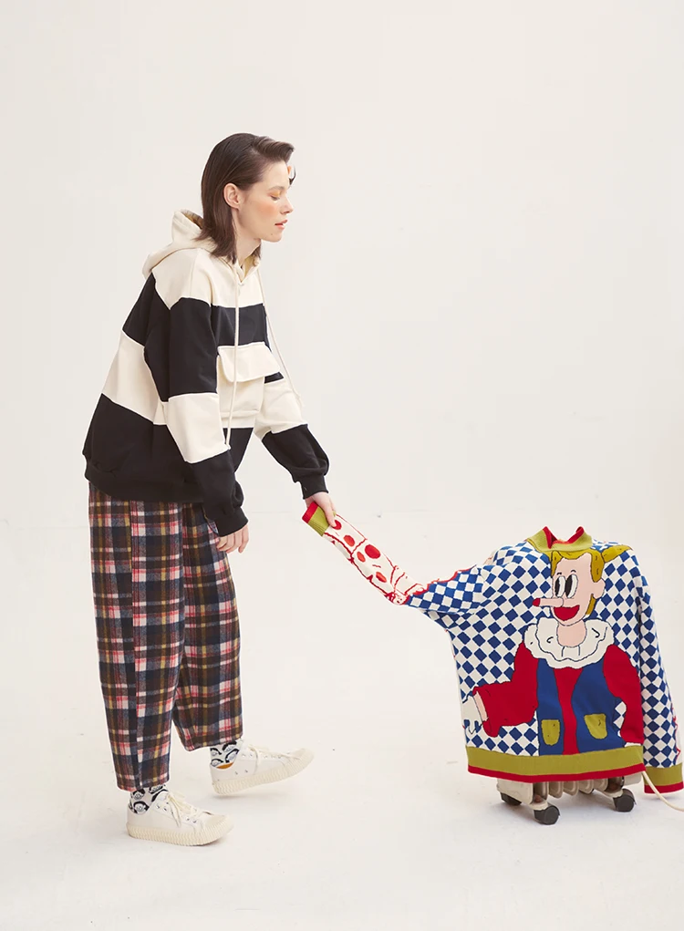 Зима Осень дизайн плед мультфильм кукла девушка жаккард Harajuku женский хлопковый пуловер свитер свободные толстые вязаные топы