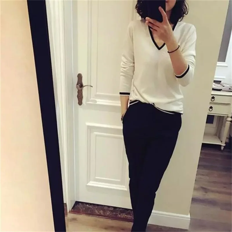 Gejas Ainyu autumn winter new V-neck knitted cashmere sweater women pullover tops Loose plus size Sweaters Brand Tops | Женская одежда