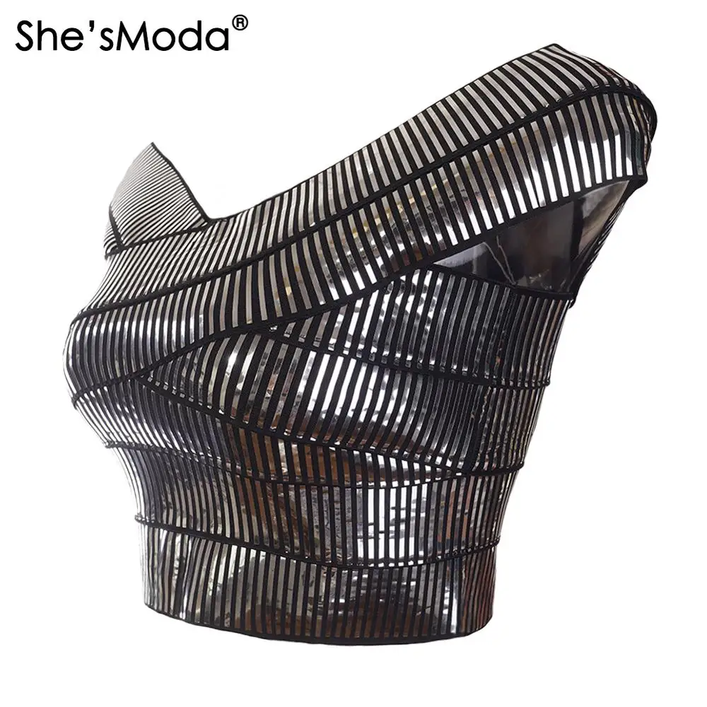 She'sModa Mirro бандаж воротник-лодочка тонкие женские укороченные топы из спандекса