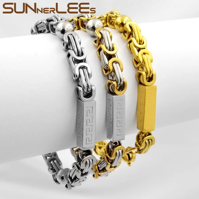 SUNNERLEES модные украшения 316L браслет из нержавеющей стали 7 мм геометрический византийский звено Цепочка Золото Серебро Черный для мужчин женщин SC62 B