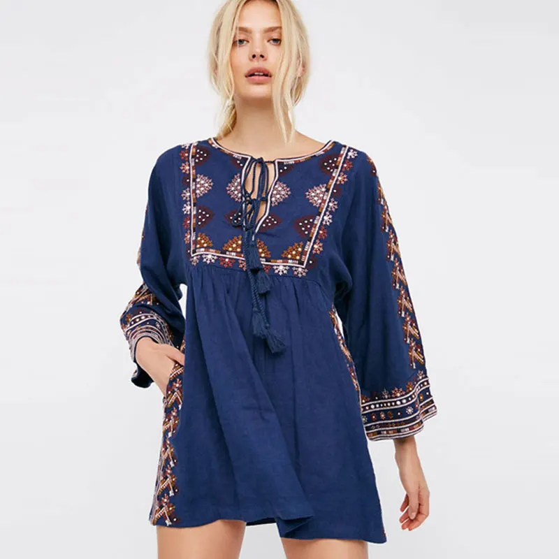 2017 New Bohemian Vintage Folklore Embroidered Vestidos Loose Tassels Three Quarter Boho Cotton Maxi Hippie Dress Gypsy Women | Женская