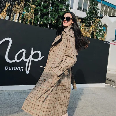Women plaid long coat with belt casual windbreaker sleeve loose overcoat female outerwear autumn winter trench coats | Женская одежда