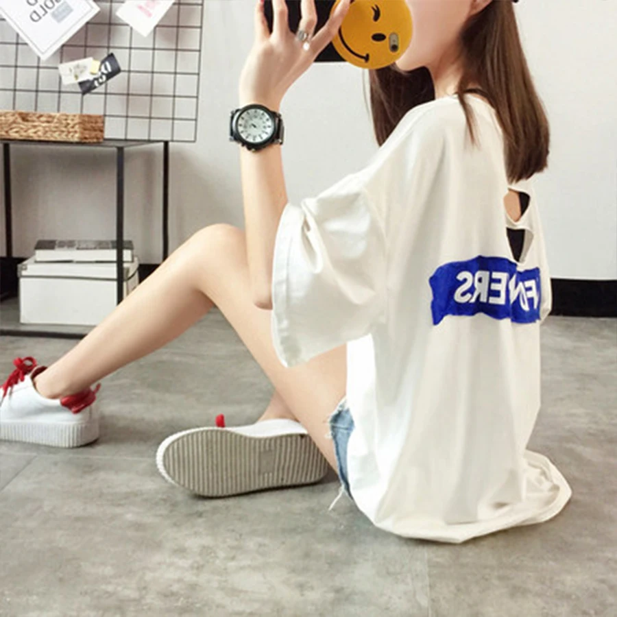 Длинная летняя женская футболка из хлопка Harajuku Kawaii белая Ulzzang уличная одежда в