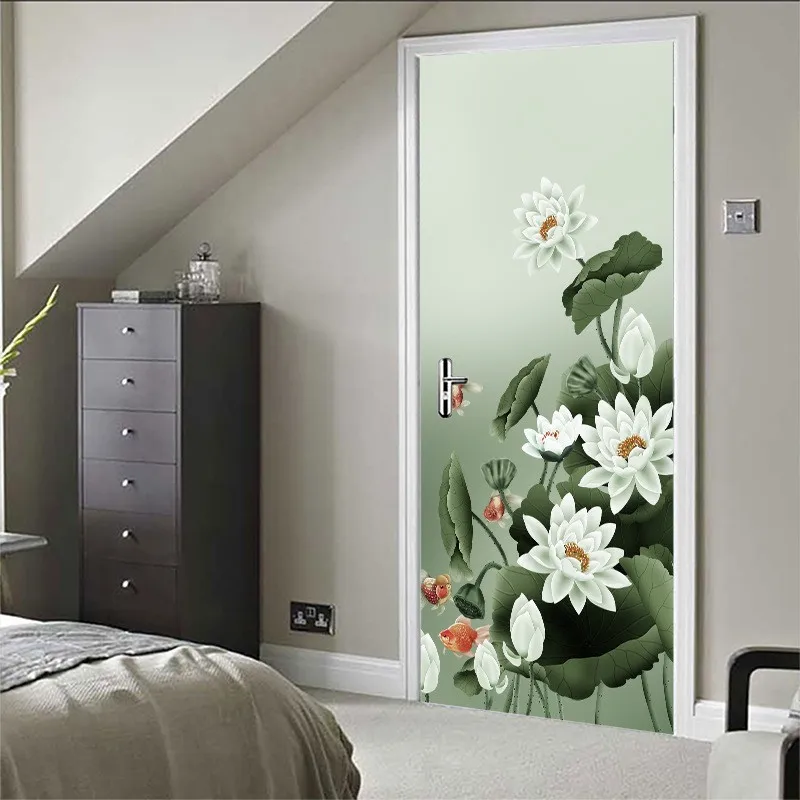Окрашенные новые настенные двери Lotus Koi шаблон наклейки Diy самоклеющиеся