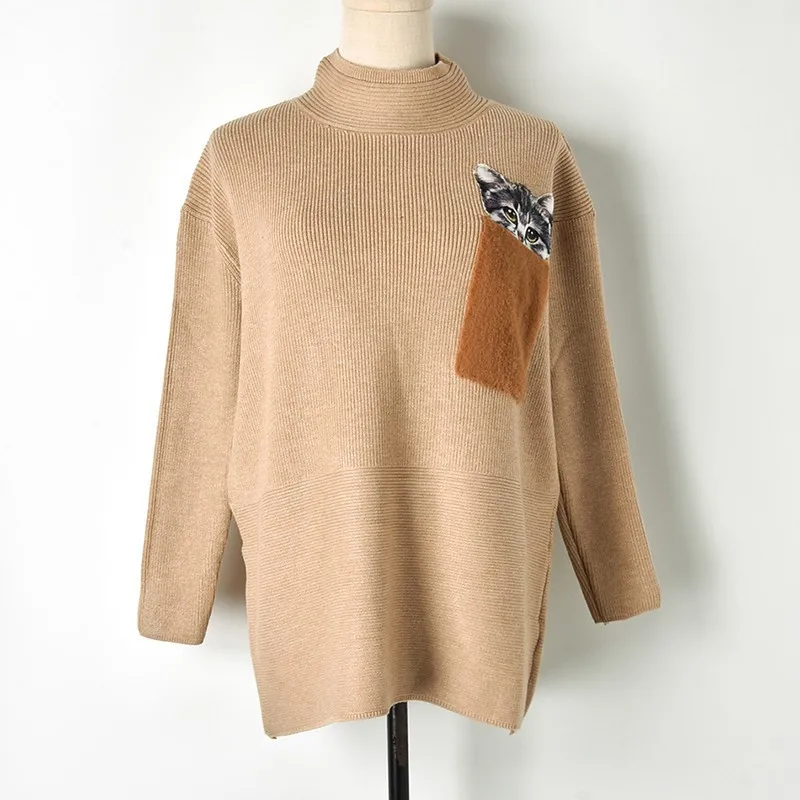2018 Winter Pocket Cat Thick Turtleneck Sweater Womens Full Sleeve Warm Knit Female Fashion Causal Loose Pullover Tops | Женская одежда