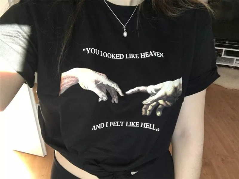 Женские футболки YELITE черные летние с надписью You Look Like Heaven and I Feel Hell Michaelangelo the Last