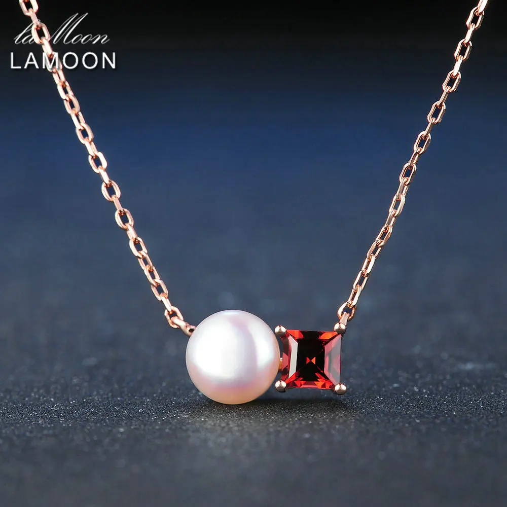 LAMOON Simple 100% Natural Red Garnet Freshwater Pearl 925 Sterling Silver Chain Pendant Necklace S925 LMNI054 | Украшения и