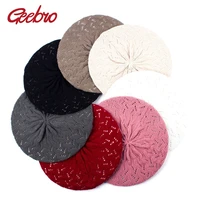 geebro womens plain color knit beret hat ladies french artist beret hats spring casual thin acrylic berets for women beanie