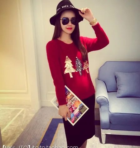 2015 New Year Christmas 3Colors Women Sequins Bead Mohair Knitted Winter Warm Dress Crochet Sweater Pullover Jersey Mujer 353# | Женская