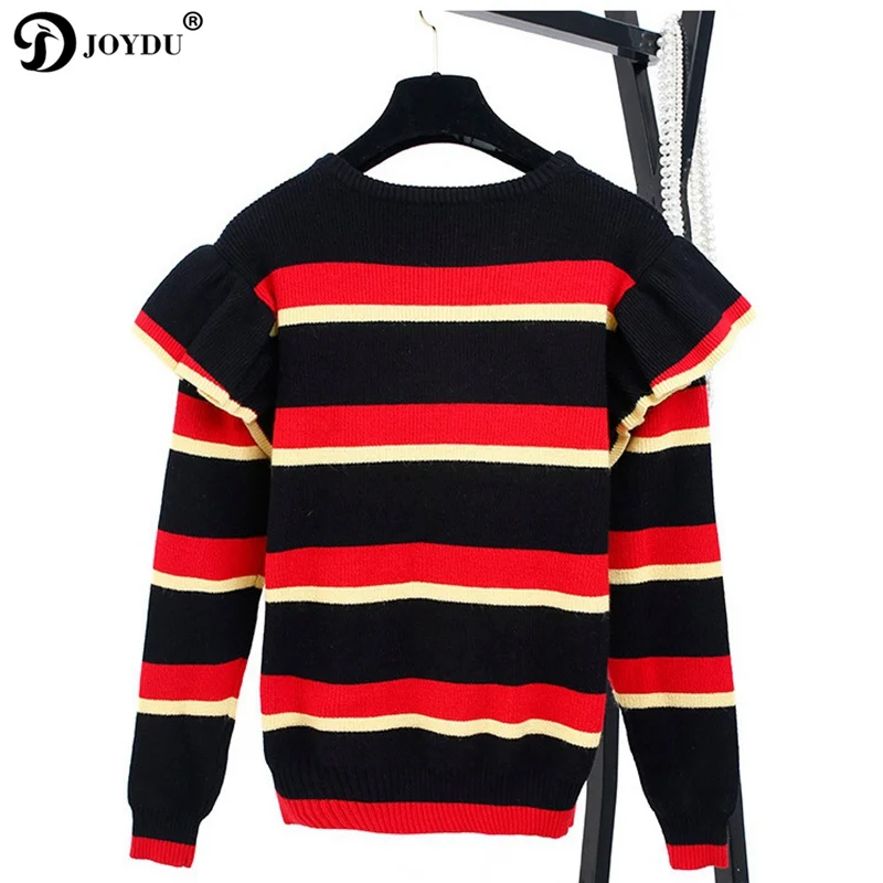 JOYDU Sweater For Women 2018 Winter Runway Design Ruffles Patchwork Wool Knitted Sweaters Red Black Striped Slim Pullover Jumper | Женская