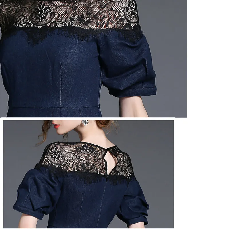 Женщины Лето Dress 2017 Новая Мода Кружева Лоскутное Фонарь Рукав кружева Линия O Шеи