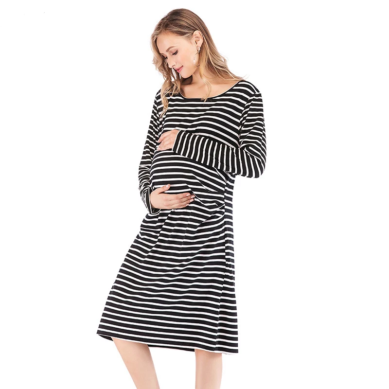 Полосатые платья для беременных женщин с длинным рукавом одежда мам хлопковое