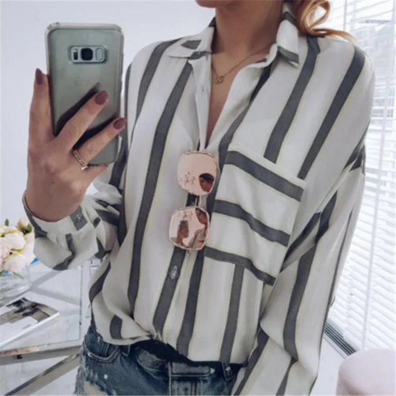 

Fashion Womens Long Sleeve Loose Blouse Ladies Casual Shirt Summer/Autumn Striped Button Down Tops Blouse Turn Down Collar Shirt