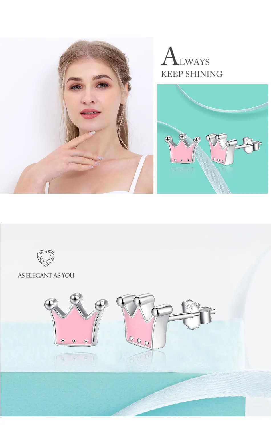 FOREWE Настоящее серебро 925 проба серьги с короной для женщин девочек Розовая эмаль милые серебряные серьги-гвоздики модные украшения