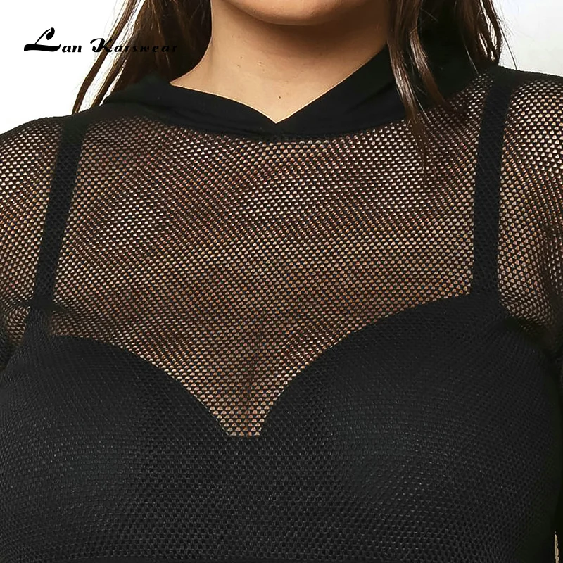 Lan Karswear 2018 Autumn Pullover Hoody Sexy Hollow Out Mesh Sweatshirts Women Hooded Casual Long Sleeve Black Short Crop Tops | Женская