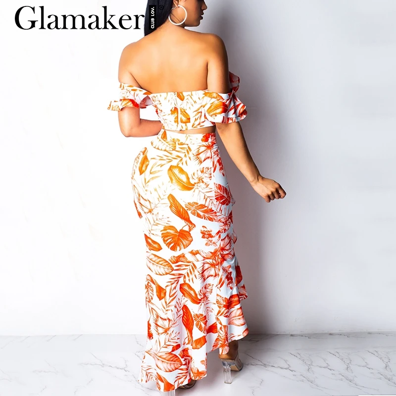 Glamaker сексуальное Асимметричное Платье макси с рюшами женское летнее платье с открытыми плечами на шнуровке женский костюм с принтом из двух частей длинное облегающее платье