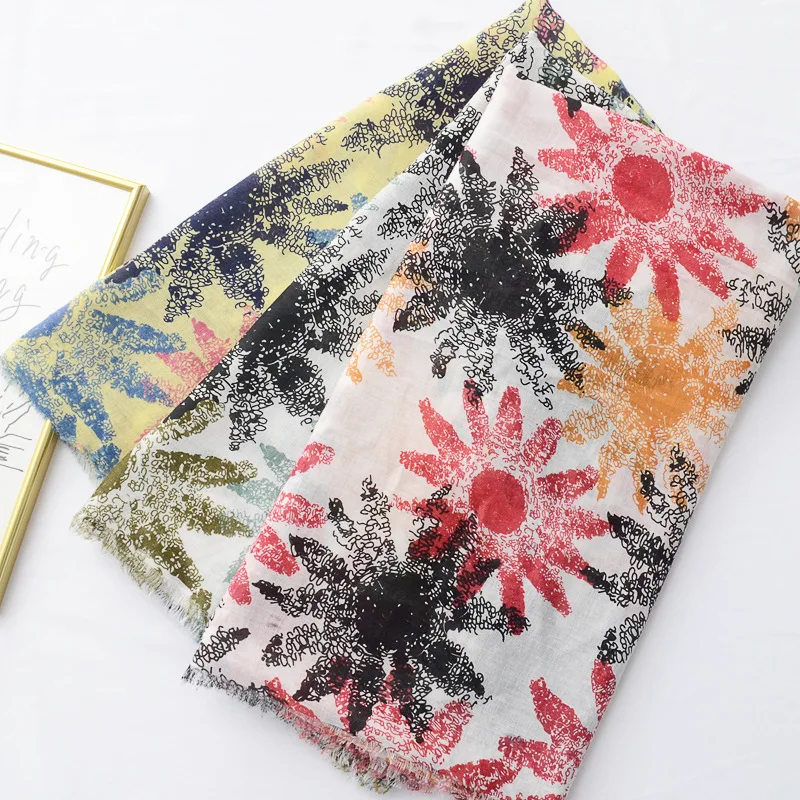 Женские шарфы с бахромой длинные пляжные шали из хлопка цветочным принтом