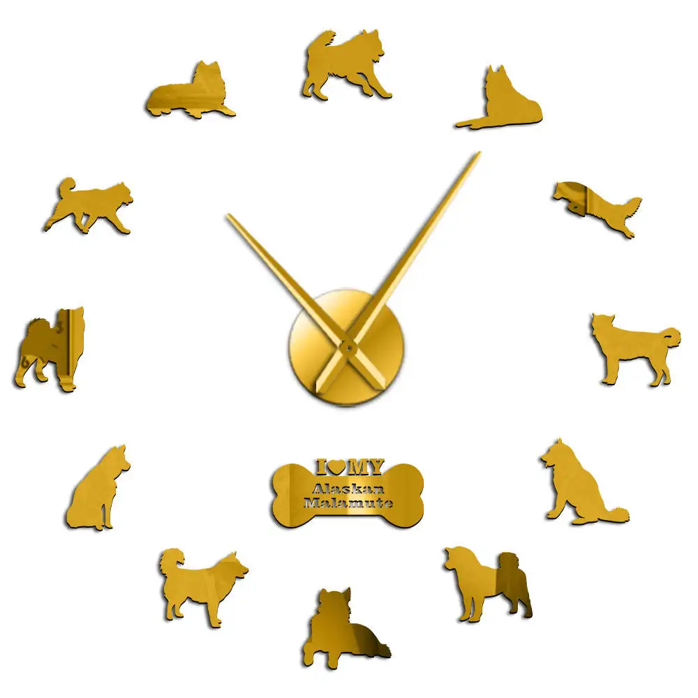 Gold Alaskan Malamute собака порода настенные DIY настенные часы подарок на новоселье кварцевые акриловые зеркальные наклейки животные Домашние часы - Цвет: Gold