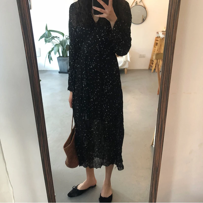 Женское шифоновое плиссированное платье в горошек Элегантное повседневное