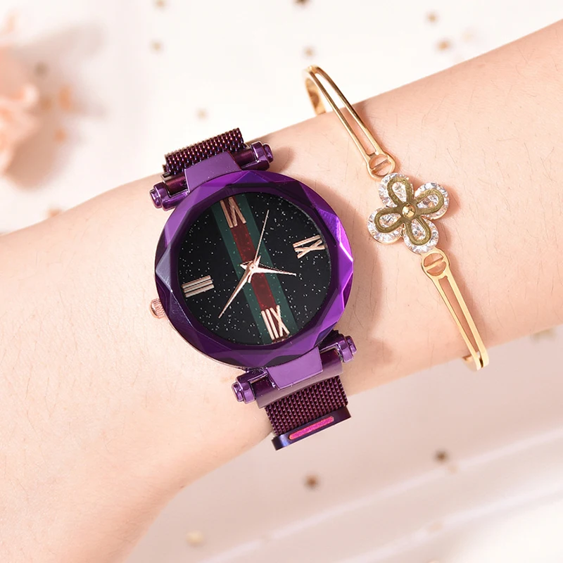 Роскошные розовые женские золотые часы магнит звездное небо наручные для женщин